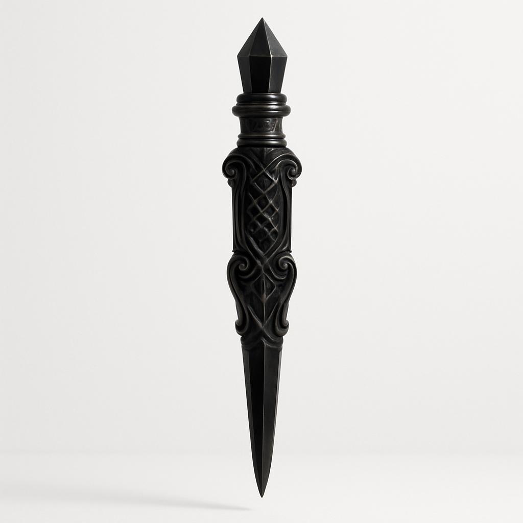 A black dagger with a pointed tip, a geometric design on the top, and an ornate body, set against a light-colored background.