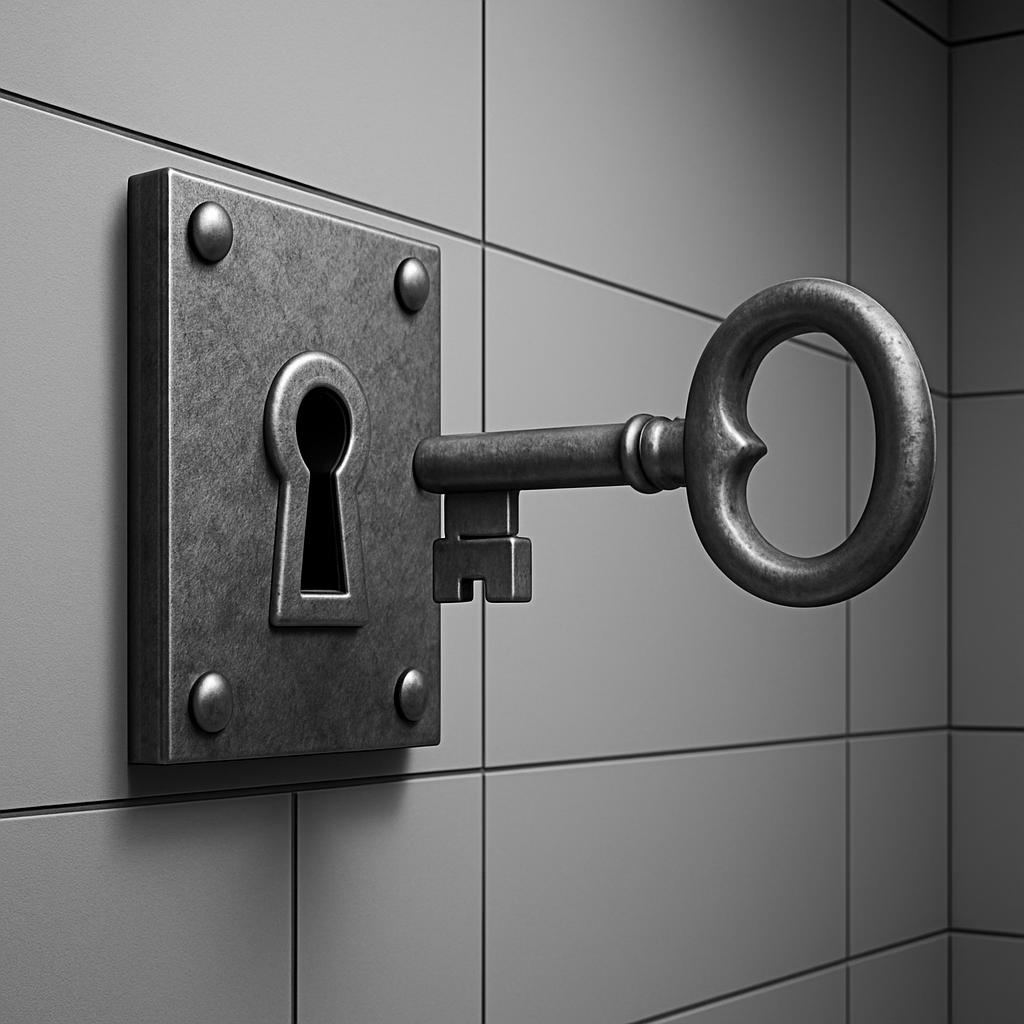 An old-fashioned key is inserted into a vintage keyhole on a metal plate affixed to the wall, revealing the mechanism of a...