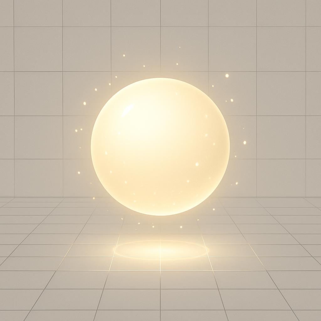 A large off-white sphere with bright light radiating on what appears to be an expansive tiled floor.