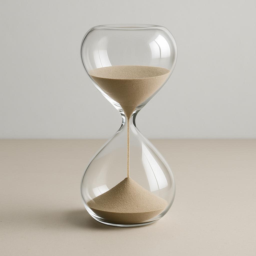 An hourglass with brown sand and a light tan background.